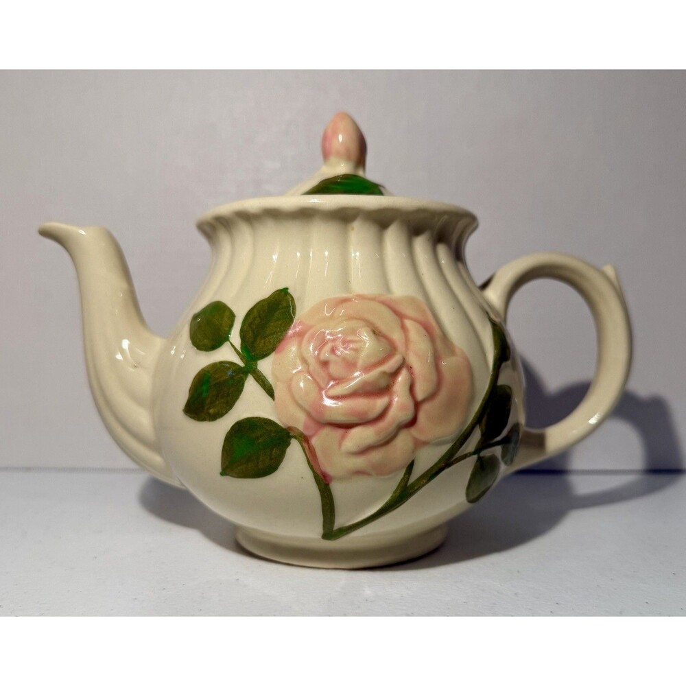 Vintage 1950's Shawnee Hand Painted Embossed Pottery Teapot Pink Roses USA
